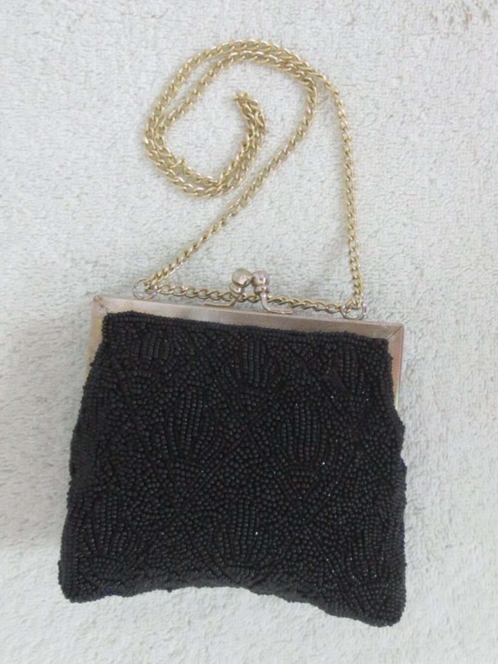 Vintage Purse Black Fully Beaded Bag Gold Hardware Mini Evening Shoulder Chain